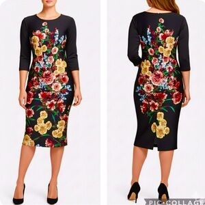 ECI Dress Black Floral Ponte Knit 6 Sheath Pencil Cocktail Garden Party Chic Mod
